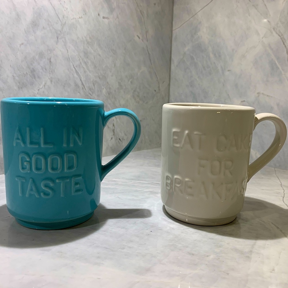 Kate Spade ‘Eat Cake For Breakfast’ ‘All In Good Taste’ mug set turquoise white